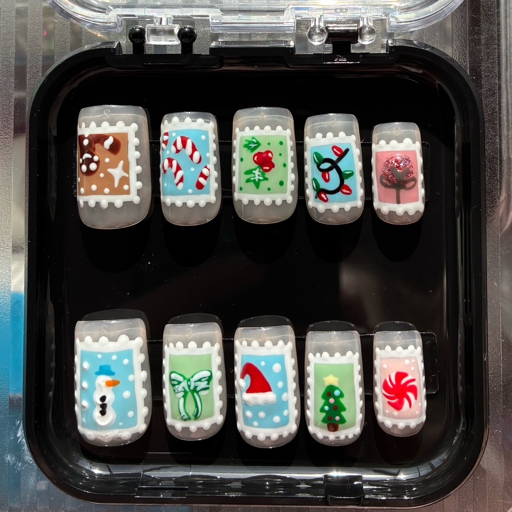 Christmas Postage Stamps Press-On Nails- Hand Painted